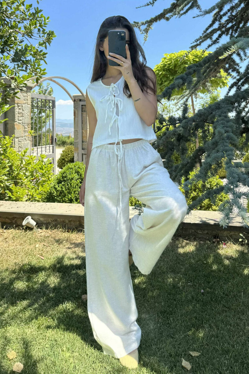 ELASTIC WAIST WIDE LEG WOMEN TROUSERS CREAM/KREM - 4