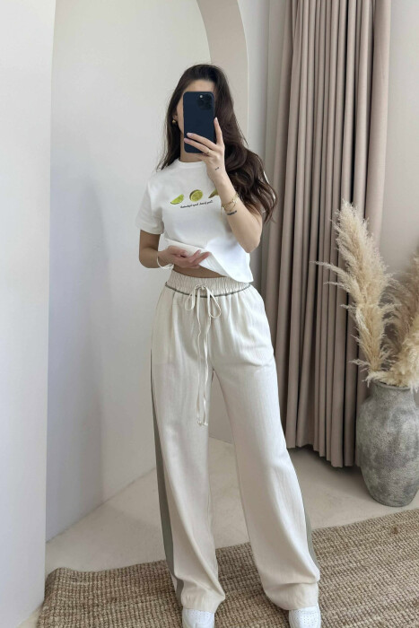 ELASTIC WAIST WIDE LEG WOMEN TROUSERS CREAM/KREM 