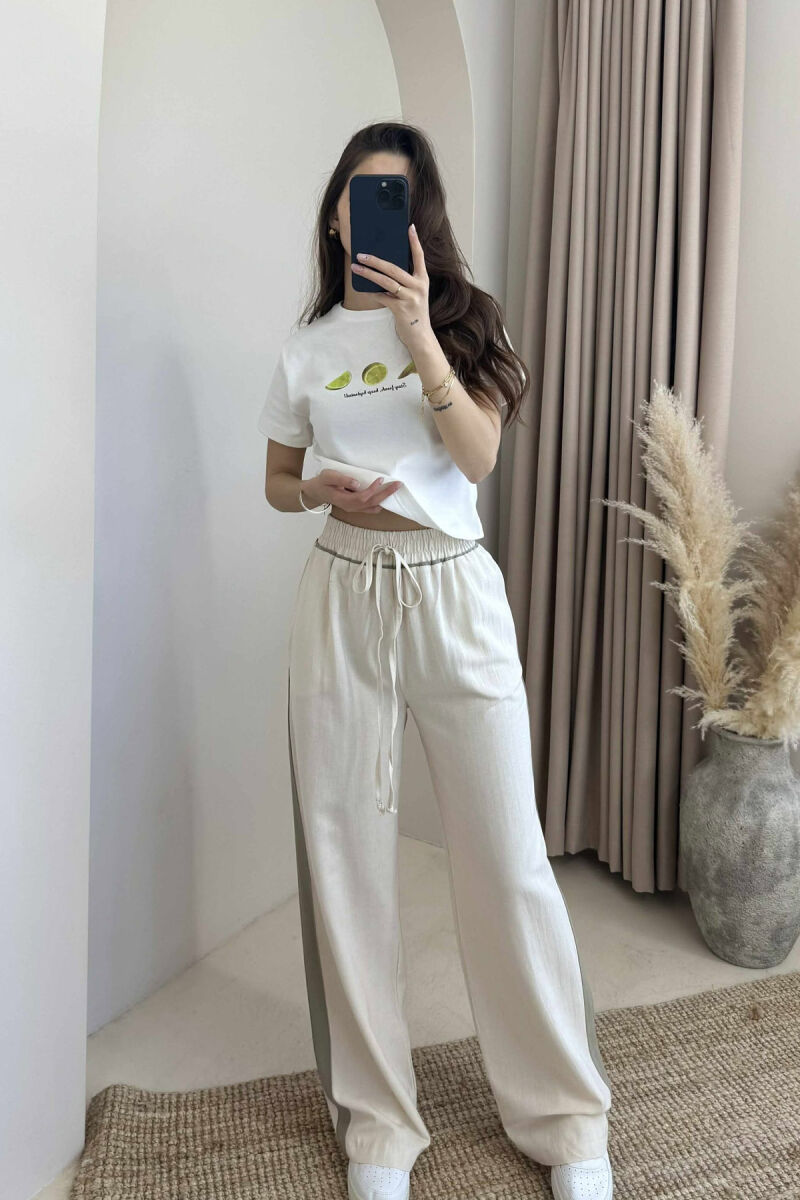 ELASTIC WAIST WIDE LEG WOMEN TROUSERS CREAM/KREM - 1