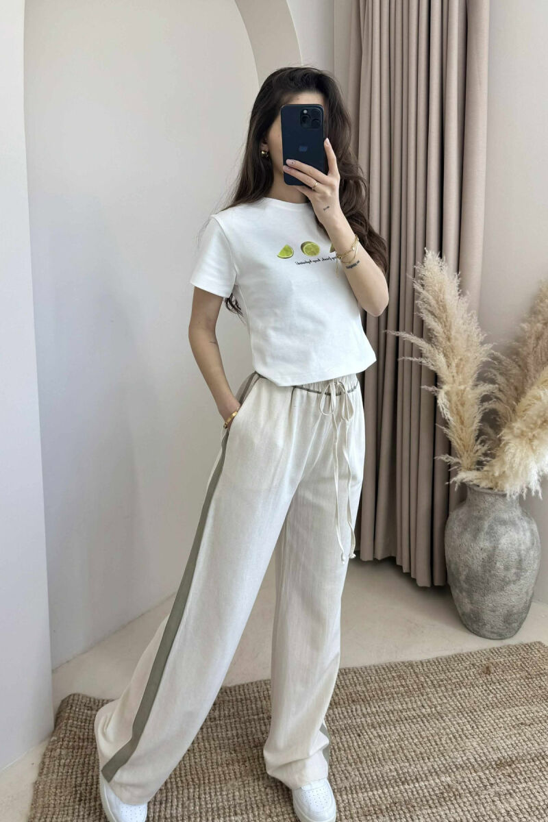 ELASTIC WAIST WIDE LEG WOMEN TROUSERS CREAM/KREM - 2