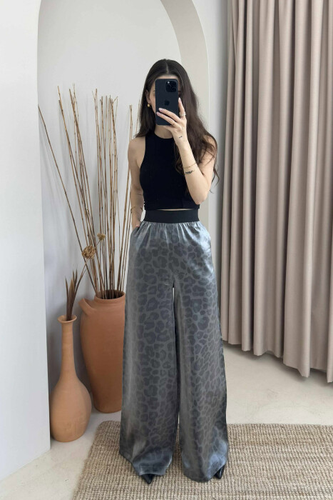 ELASTIC WAIST WIDE LEG WOMEN TROUSERS GREY/GRI - KLAUDIO FASHION