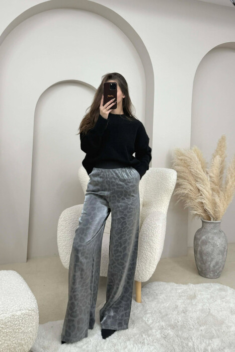 ELASTIC WAIST WIDE LEG WOMEN TROUSERS GREY/GRI - KLAUDIO FASHION