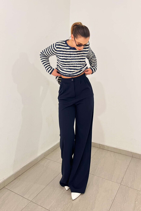 ELASTIC WAIST WOMEN TROUSERS IN BLUE COLOR 