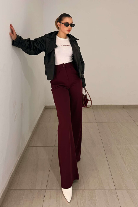 ELASTIC WAIST WOMEN TROUSERS IN BURGUNDY COLOR 