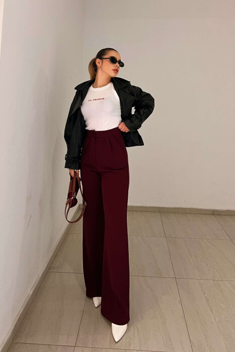 ELASTIC WAIST WOMEN TROUSERS IN BURGUNDY COLOR - 2