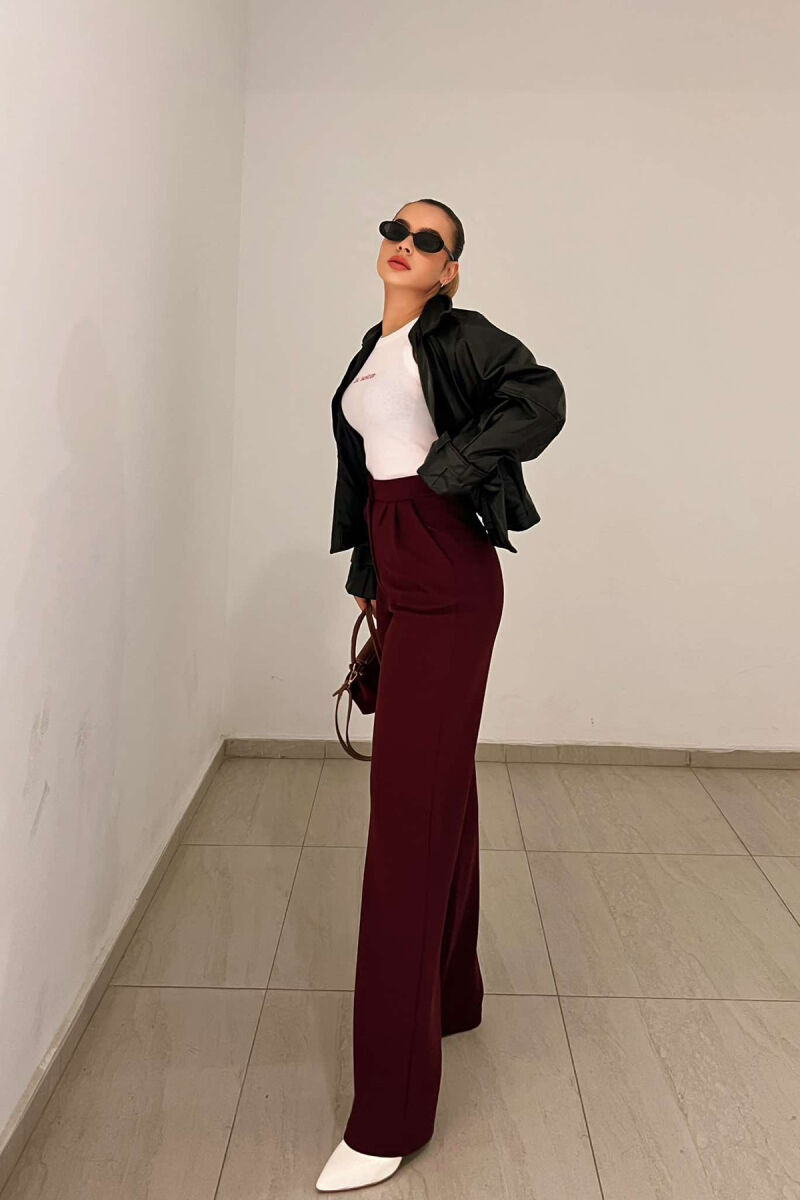 ELASTIC WAIST WOMEN TROUSERS IN BURGUNDY COLOR - 3