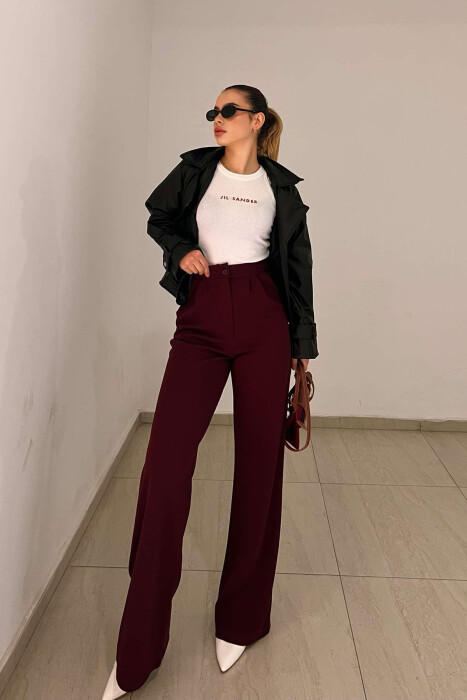 ELASTIC WAIST WOMEN TROUSERS IN BURGUNDY COLOR - 4