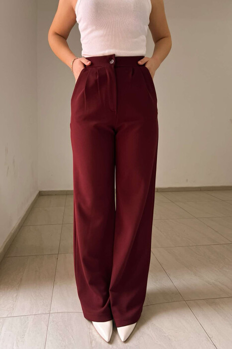 ELASTIC WAIST WOMEN TROUSERS IN BURGUNDY COLOR - 7