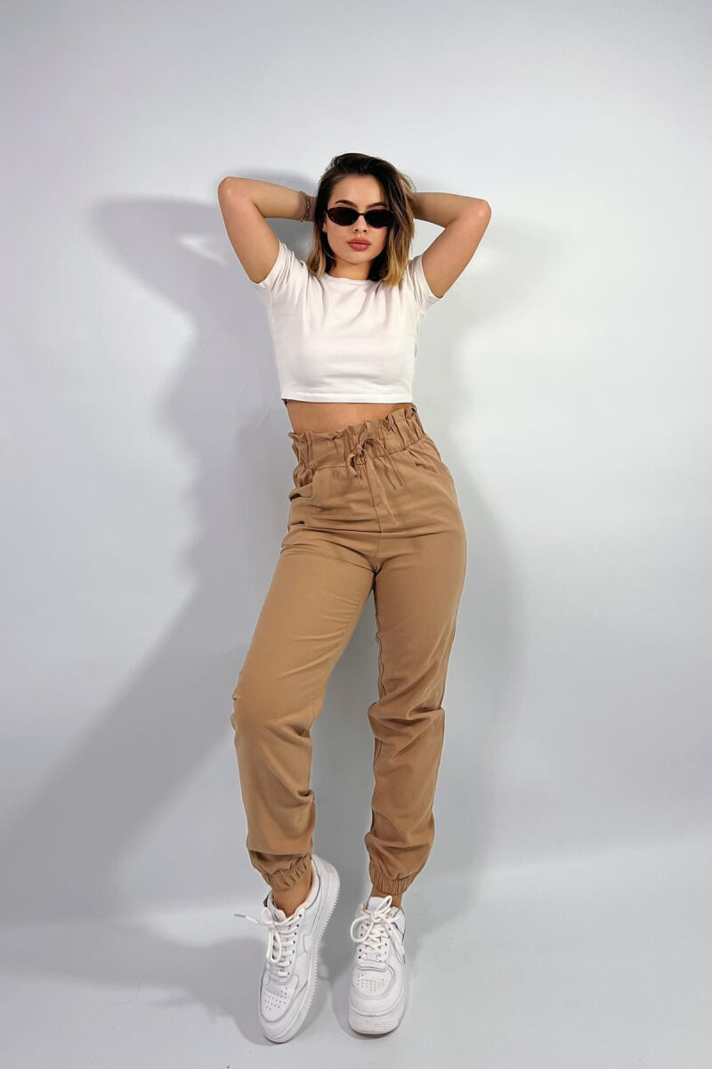 ELASTIC WAIST WOMEN TROUSERS IN LIGHT BROWN COLOR - 1