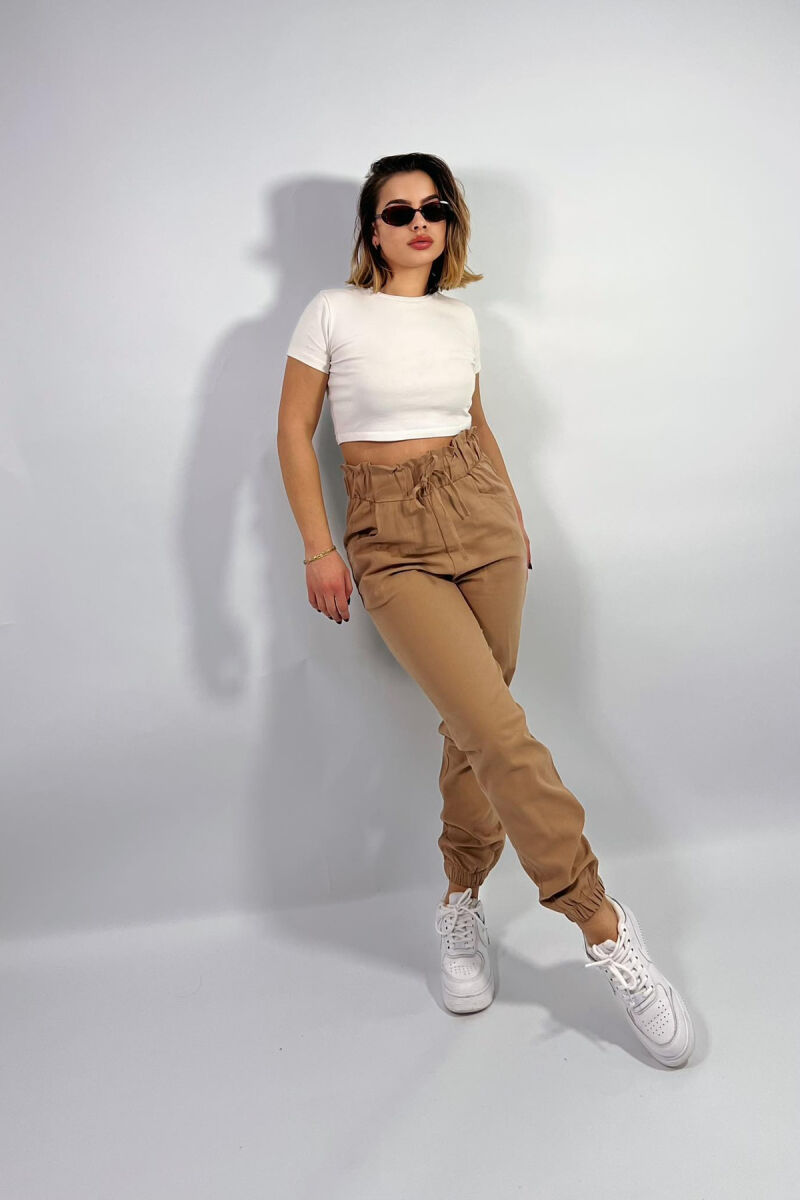 ELASTIC WAIST WOMEN TROUSERS IN LIGHT BROWN COLOR - 3
