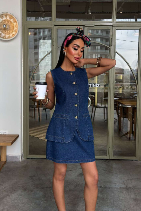 ELEGANT DENIM VEST+SKIRT WOMEN SET BLUE/BLU - 3