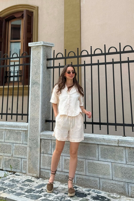 EMBROIDERED SHIRT + SHORTS WOMAN SET CREAM/KREM - 1