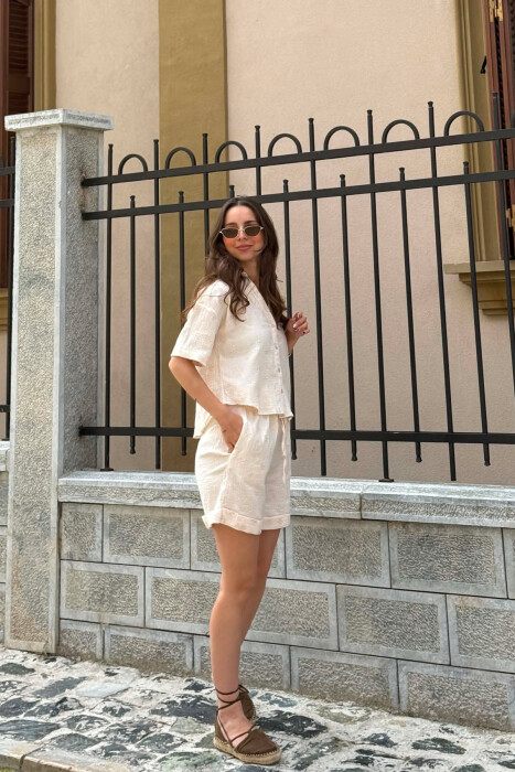 EMBROIDERED SHIRT + SHORTS WOMAN SET CREAM/KREM - 2