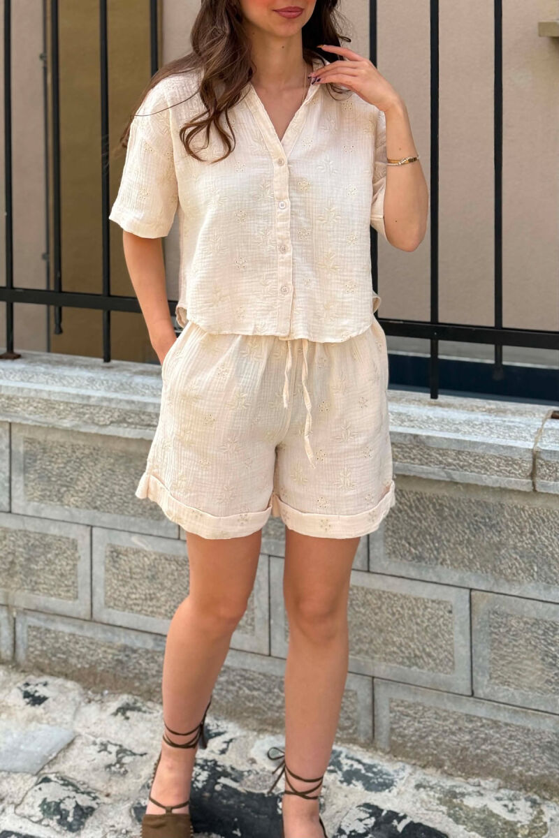 EMBROIDERED SHIRT + SHORTS WOMAN SET CREAM/KREM - 4