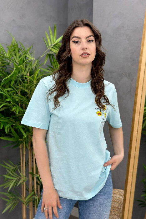 EMOJI COTTON WOMAN T-SHIRT LIGHTBLUE/BZ 