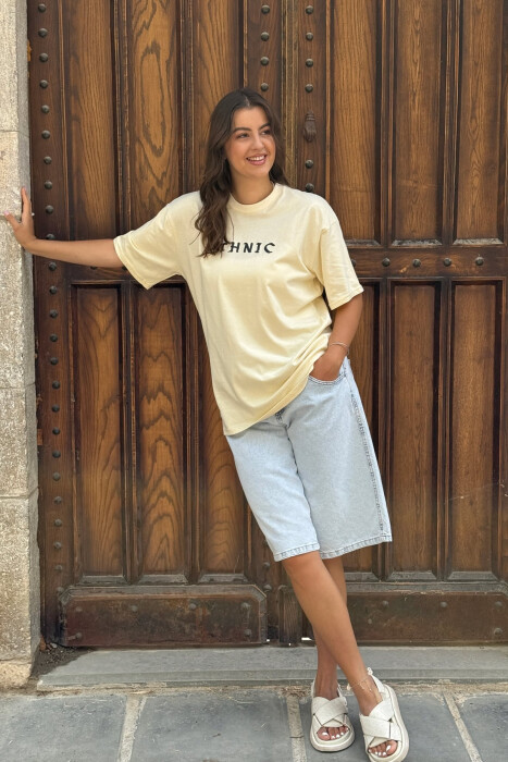 ETHNIC WRITTING ONE COLOR WOMAN T-SHIRT CREAM/KREM 
