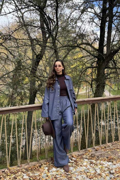 SET ME VIJA ME DETAJIN E XHEPAVE KËMISHË + PANTALLONA PËR FEMRA NË NGJYRËN BLU - KLAUDIO FASHION