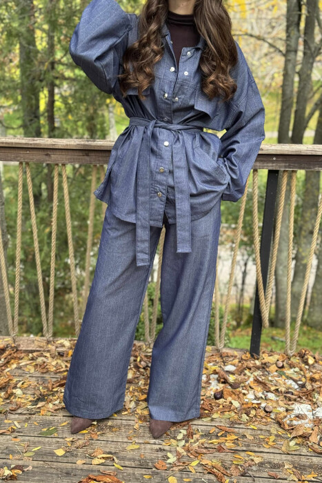 FAKE POCKETS STRIPED SHIRT+TROUSERS WOMEN SET BLUE/BLU - 3