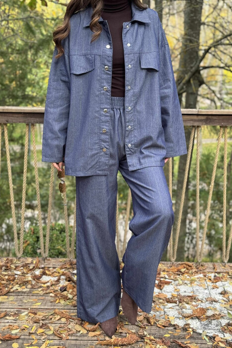 FAKE POCKETS STRIPED SHIRT+TROUSERS WOMEN SET BLUE/BLU - 4