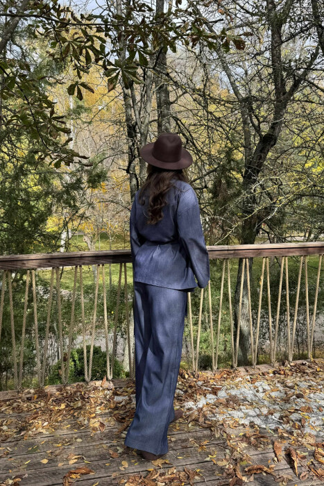 FAKE POCKETS STRIPED SHIRT+TROUSERS WOMEN SET BLUE/BLU - 5