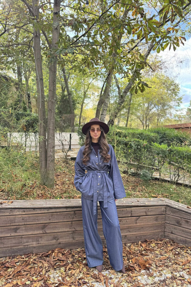 FAKE POCKETS STRIPED SHIRT+TROUSERS WOMEN SET BLUE/BLU - 6