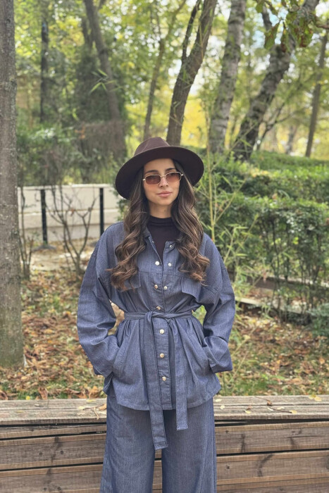 FAKE POCKETS STRIPED SHIRT+TROUSERS WOMEN SET BLUE/BLU - 7