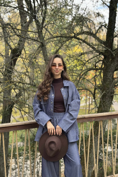 FAKE POCKETS STRIPED SHIRT+TROUSERS WOMEN SET BLUE/BLU - 8