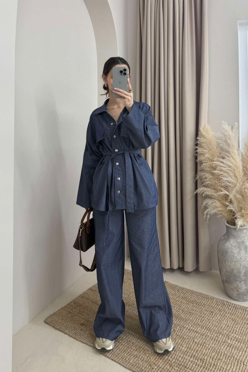 FAKE POCKETS STRIPED SHIRT+TROUSERS WOMEN SET BLUE/BLU - 1