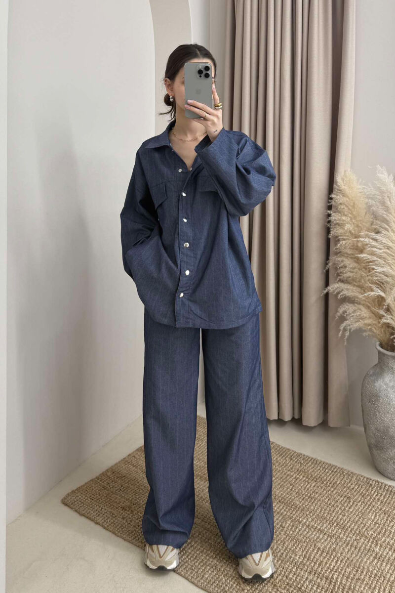 FAKE POCKETS STRIPED SHIRT+TROUSERS WOMEN SET BLUE/BLU - 2