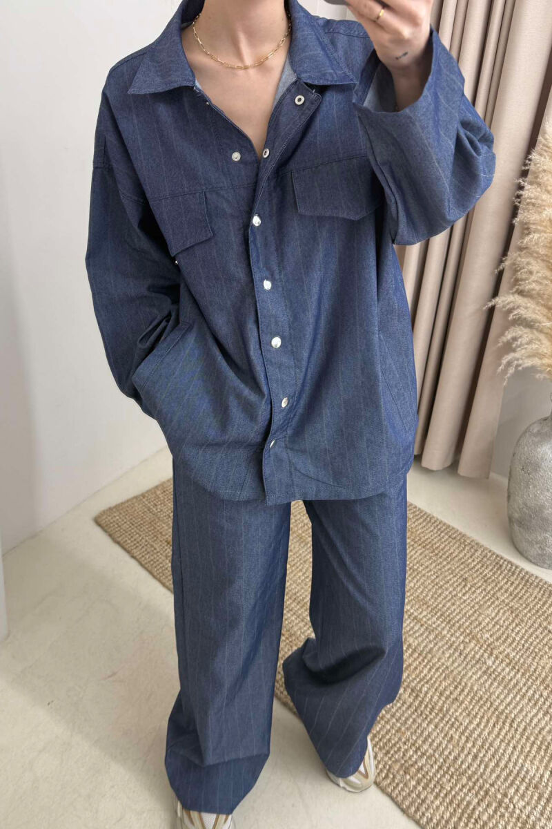 FAKE POCKETS STRIPED SHIRT+TROUSERS WOMEN SET BLUE/BLU - 3