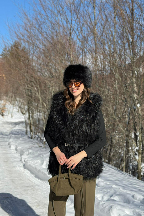 FAUX FUR BELT DETAIL WOMEN VEST BLACK/ E ZEZE 