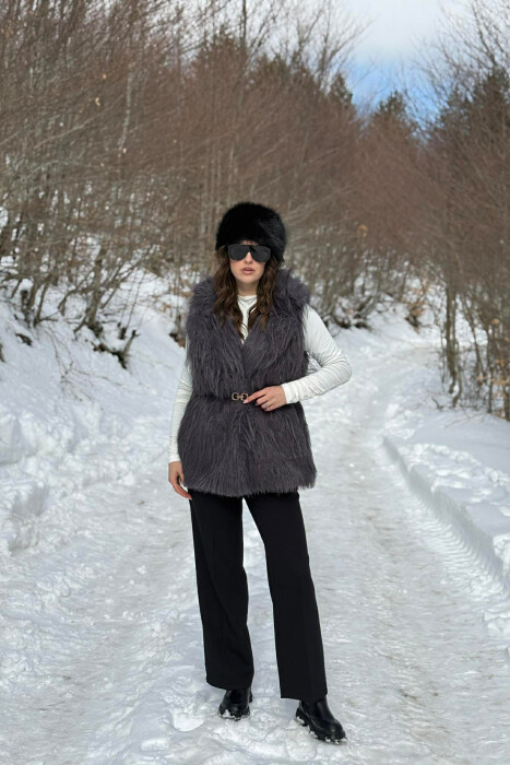 FAUX FUR BELT DETAIL WOMEN VEST DARK GREY/GEE 