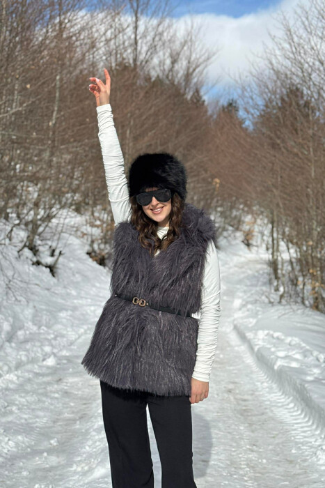 FAUX FUR BELT DETAIL WOMEN VEST DARK GREY/GEE - 3