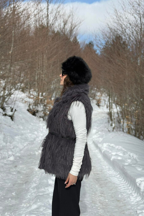 FAUX FUR BELT DETAIL WOMEN VEST DARK GREY/GEE - 4