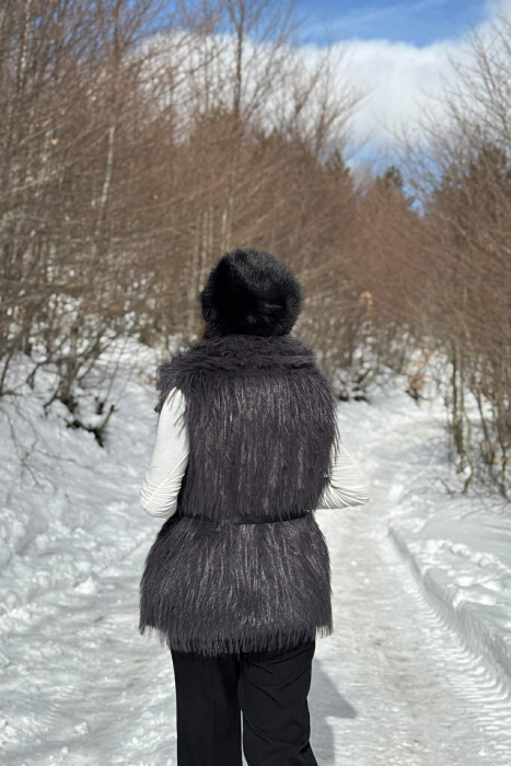 FAUX FUR BELT DETAIL WOMEN VEST DARK GREY/GEE - 5