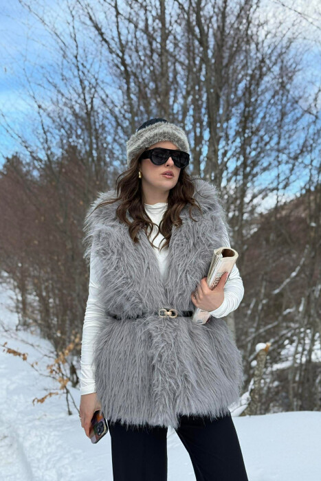 FAUX FUR BELT DETAIL WOMEN VEST GREY/GRI 
