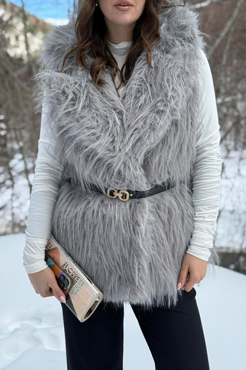 FAUX FUR BELT DETAIL WOMEN VEST GREY/GRI - 2