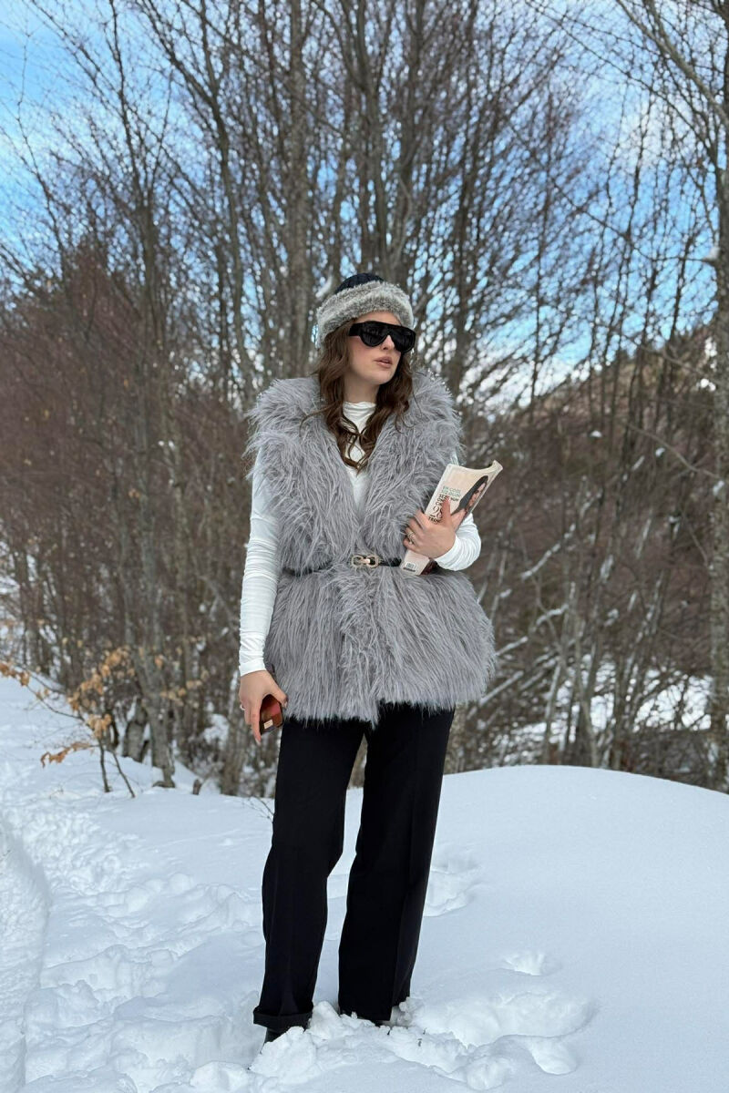 FAUX FUR BELT DETAIL WOMEN VEST GREY/GRI - 3