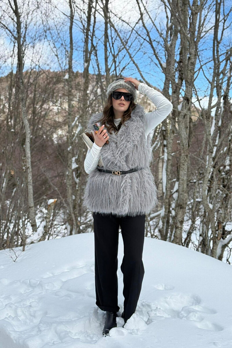 FAUX FUR BELT DETAIL WOMEN VEST GREY/GRI - 5