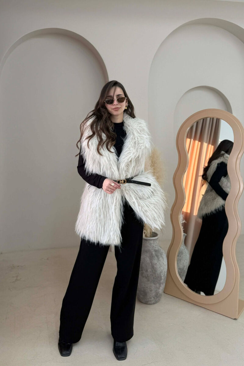 FAUX FUR BELT DETAIL WOMEN VEST WHITE-E BARDHE - 3
