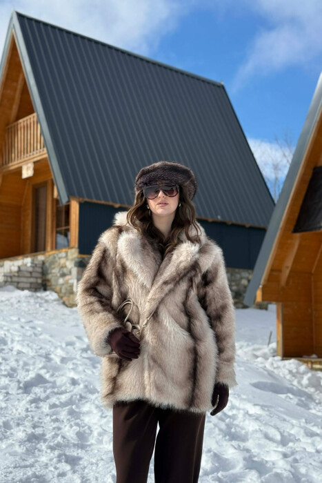 FAUX FUR BUTTONED WOMEN COAT CREAM/KREM - 3