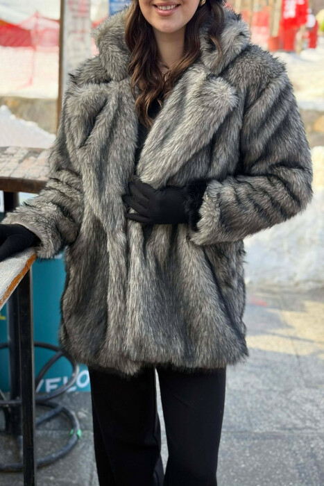 FAUX FUR BUTTONED WOMEN COAT DARK GREY/GEE 