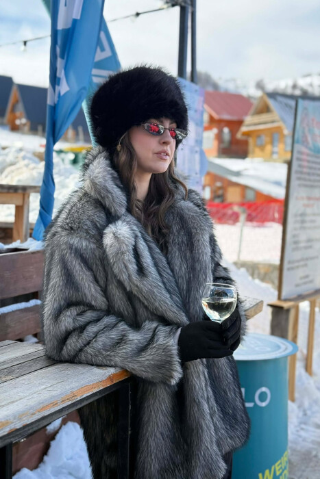 FAUX FUR BUTTONED WOMEN COAT DARK GREY/GEE - 2