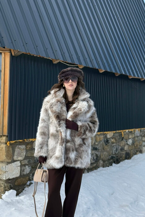 FAUX FUR BUTTONED WOMEN COAT LIGHT BROWN/KAZB 
