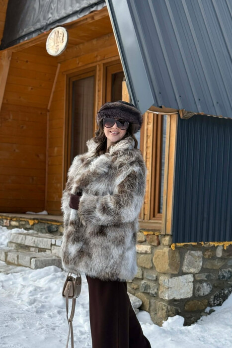 FAUX FUR BUTTONED WOMEN COAT LIGHT BROWN/KAZB - 4