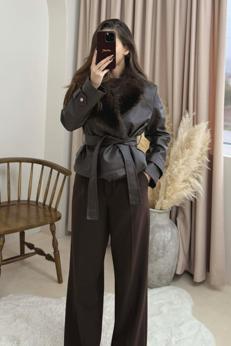 FAUX FUR DETAIL LACING LEATHER WOMEN JACKET BROWN/KAFE - KLAUDIO FASHION