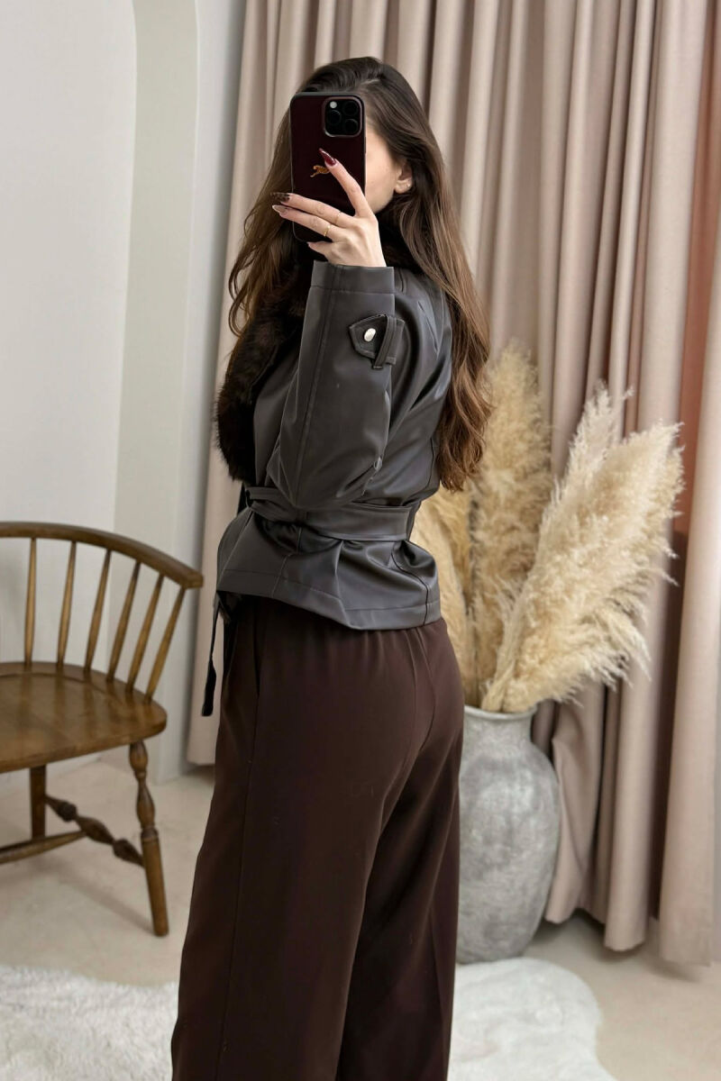 FAUX FUR DETAIL LACING LEATHER WOMEN JACKET BROWN/KAFE - 2