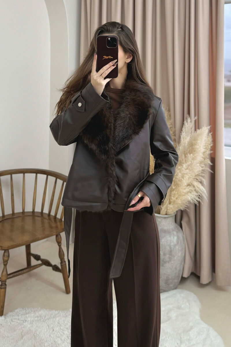 FAUX FUR DETAIL LACING LEATHER WOMEN JACKET BROWN/KAFE - 3