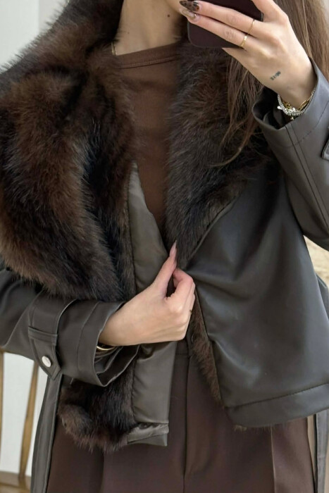 FAUX FUR DETAIL LACING LEATHER WOMEN JACKET BROWN/KAFE - 4