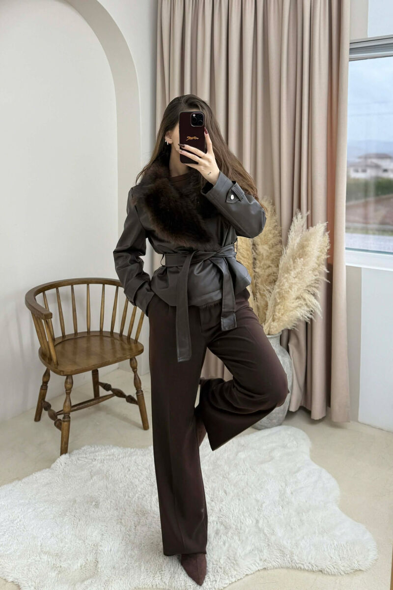 FAUX FUR DETAIL LACING LEATHER WOMEN JACKET BROWN/KAFE - 5